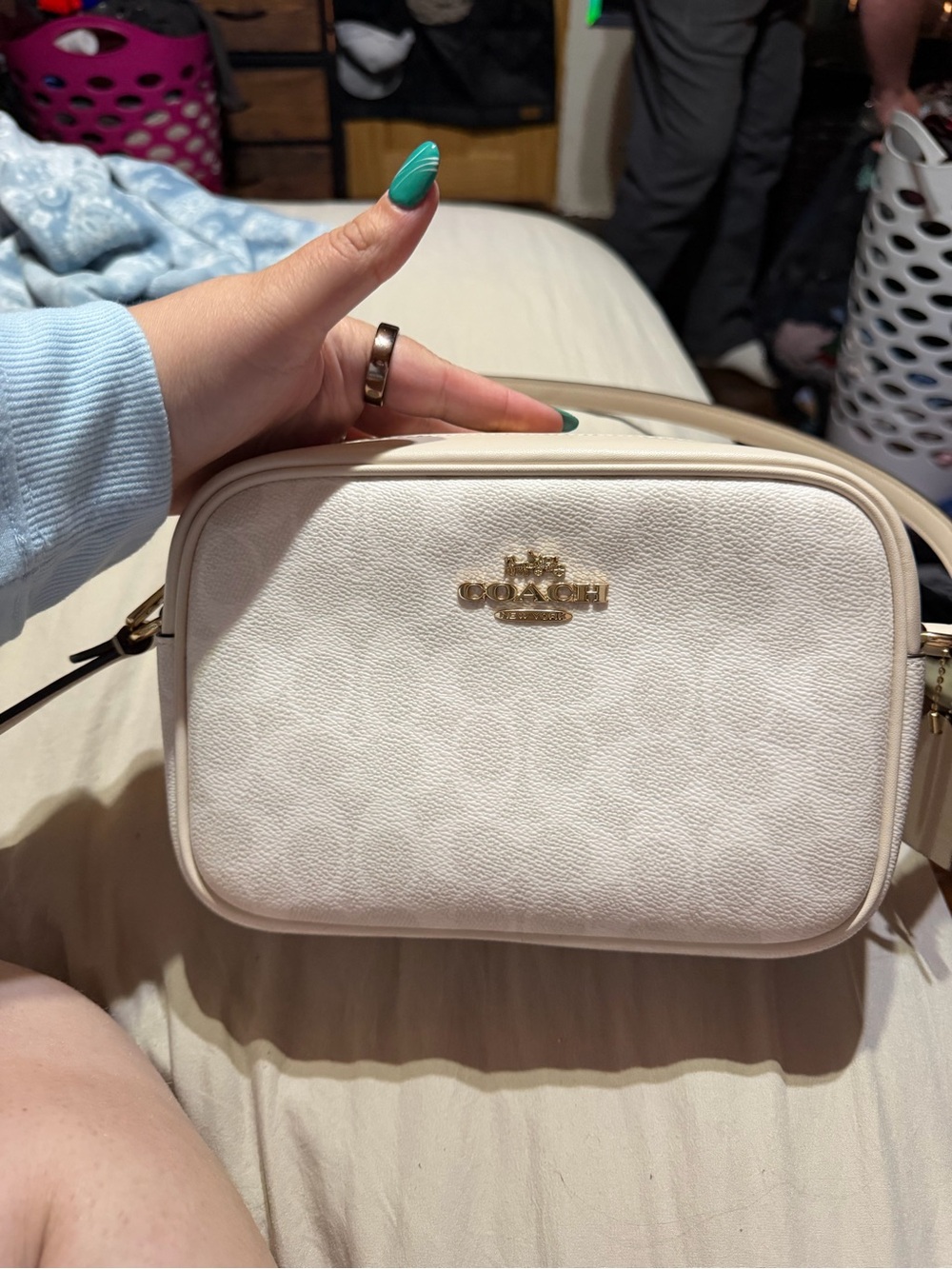 Coach Chalk Pebbled Leather Crossbody Camera Bag with Gold Hardware